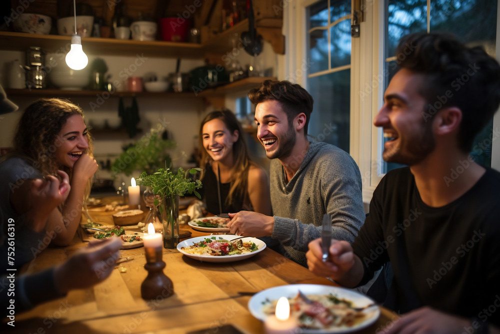 Joyful Friends Sharing a Laughter-Filled Dinner by Candlelight in a Cozy Home Interior. Warm Social Gathering
