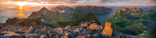 Mountain panorama, sunset with dramatic clouds, view from the top of Hermannsdalstinden, fjords, lakes and mountains, Moskenesoya, Lofoten, Nordland, Norway, Europe photo