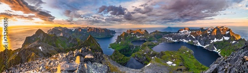 Evening atmosphere, mountain landscape with fjord and lake Krokvatnet, view from the top of Hermannsdalstinden, Moskenesoey, Lofoten, Nordland, Norway, Europe