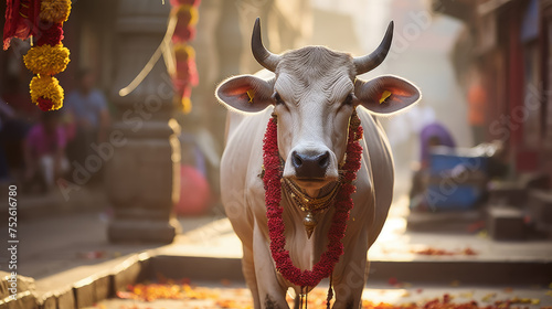 Indian sacred cow on the street of Varanasi, India, Asia, East, ancient architecture, animal, artiodactyl, horns, bull, calf, traditional, elegant, flowers, rite, national, culture, custom
