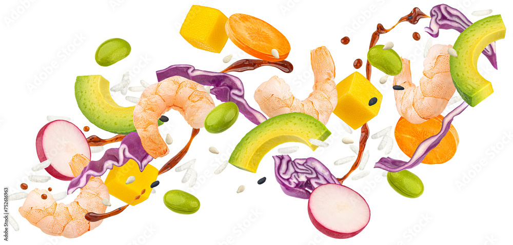 Falling shrimp poke ingredients isolated on white background with clipping path