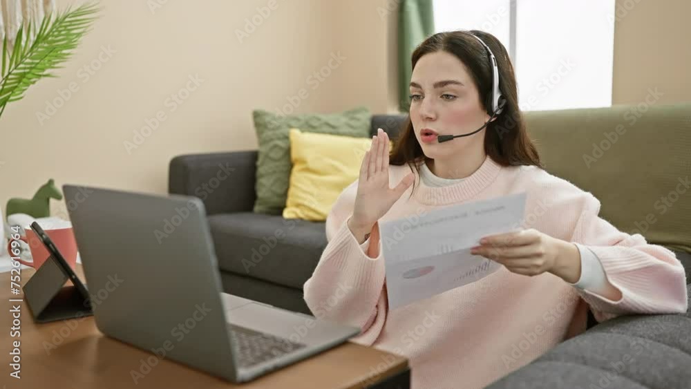 Caucasian woman working at home with headset and laptop while holding documents in a modern living room Caucasian woman working at home with headset and laptop while holding documents in a modern living room