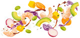 Falling shrimp poke ingredients isolated on white background with clipping path