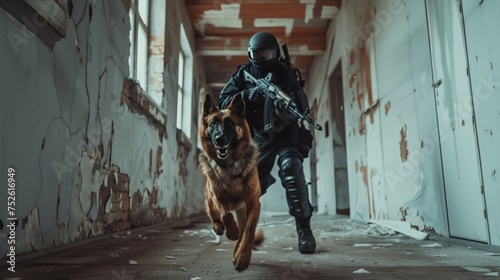 Police dog in an action with a SWAT soldier inside a building