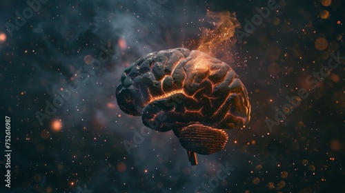 Glowing hologram of human brain 3D structure with dark background.