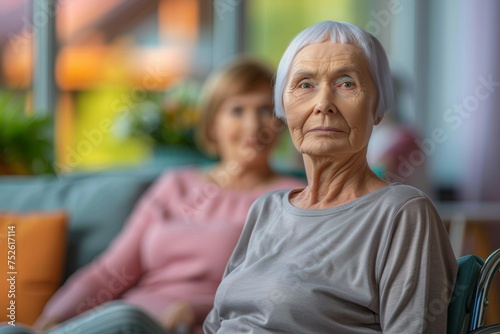 A woman with gray hair is sitting on a couch