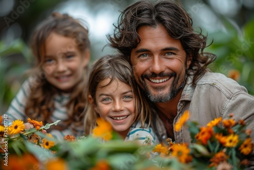 A man and two children are posing for a picture in a field of flowers