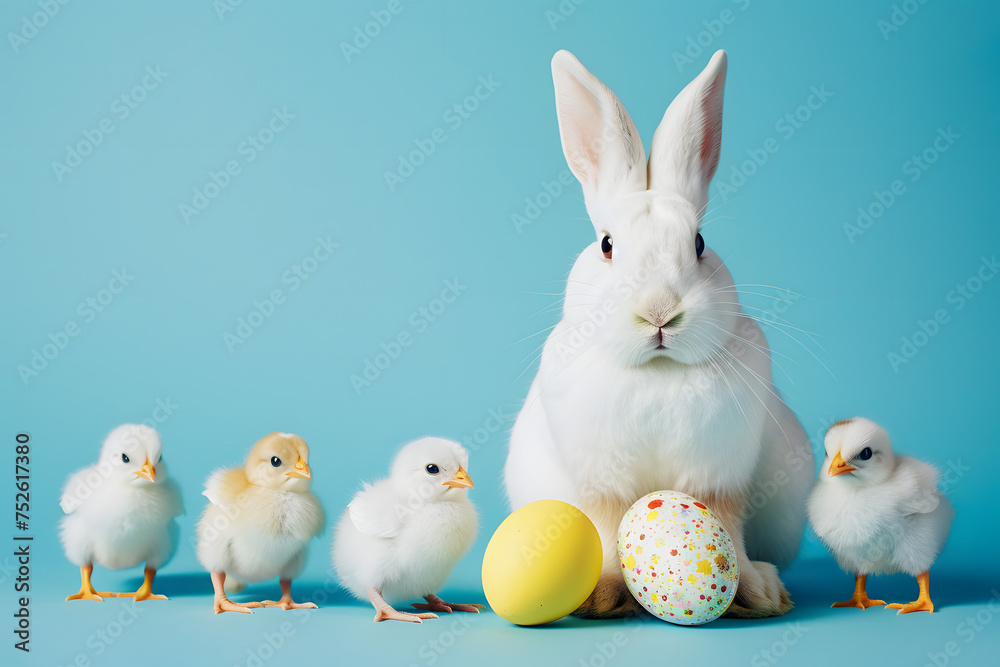 Easter Bunny and chicks with Easter eggs, isolated on a cheerful blue background, depicting the companionship and joy of the Easter season