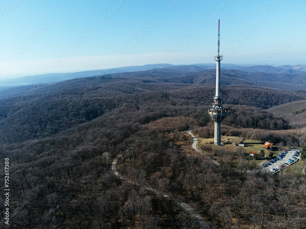 Fototapeta premium The aerial view of the TV tower, bombed by NATO army in 1999, Irishki venac, Frushka tower, Novi Sad, Serbia, Europe.