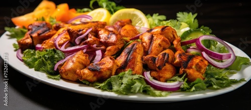 A close-up view of a white plate filled with Chicken Tikka Murgh Tikka topped with a colorful assortment of fresh vegetables and salad  creating a delicious and nutritious meal.