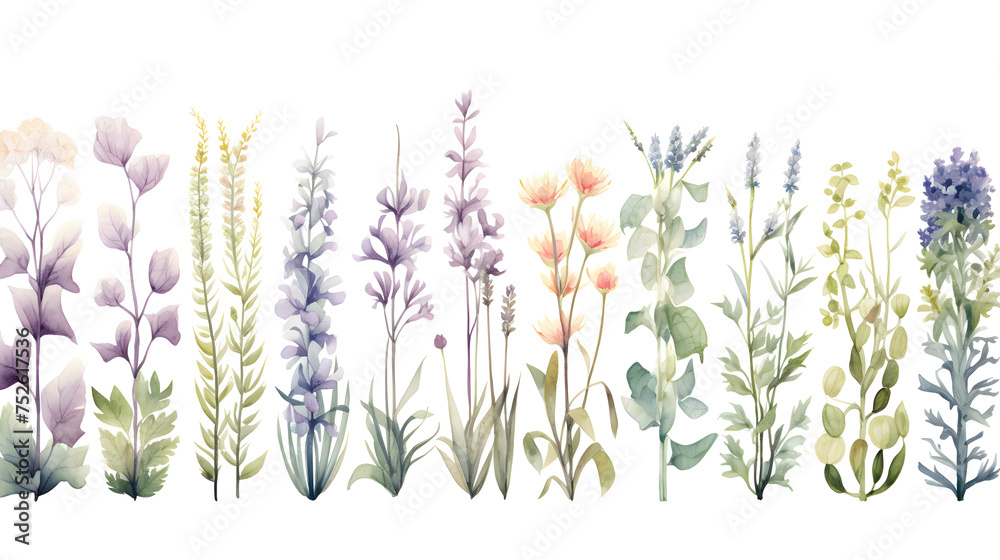 Set of floral watercolor Wild field herbs flowers isolated element set?illustration with green leaves and colorful plants Wedding stationery, wallpapers, fashion, backgrounds, textures Wildflowers - obrazy, fototapety, plakaty 