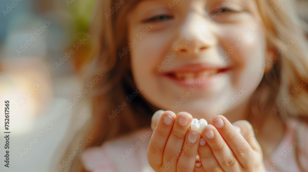 A cute smiling little girl hold a fallen tooth in her hand. A cute smiling little girl hold a fallen tooth in her hand.
