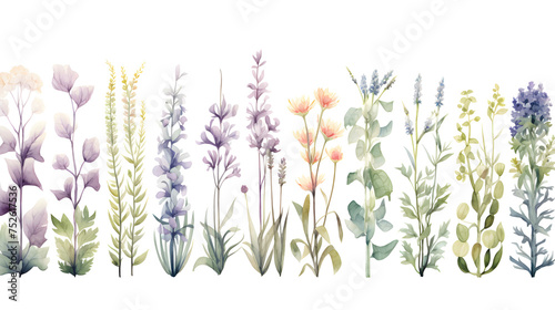 Set of floral watercolor Wild field herbs flowers isolated element set?illustration with green leaves and colorful plants Wedding stationery, wallpapers, fashion, backgrounds, textures Wildflowers photo