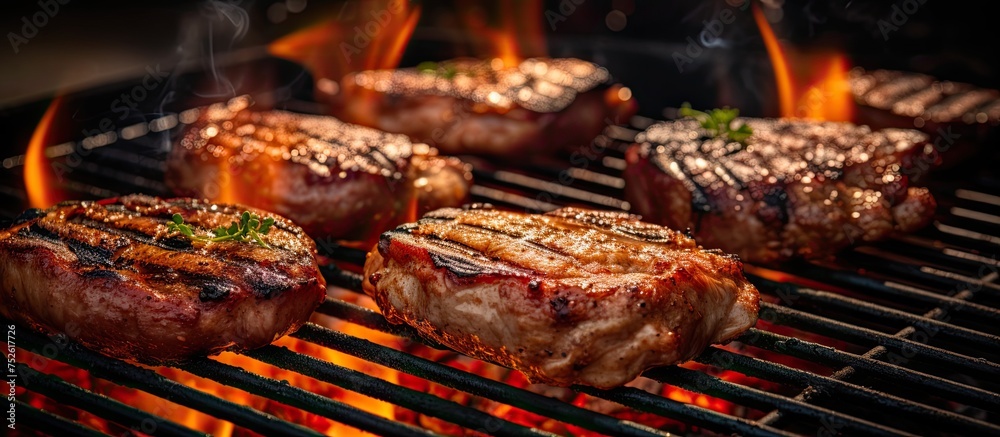 Steaks sizzling on a grill, flames licking the meat, creating a charred crust. The heat sears the meat, releasing savory aromas into the air. Steaks sizzling on a grill, flames licking the meat, creating a charred crust. The heat sears the meat, releasing savory aromas into the air.