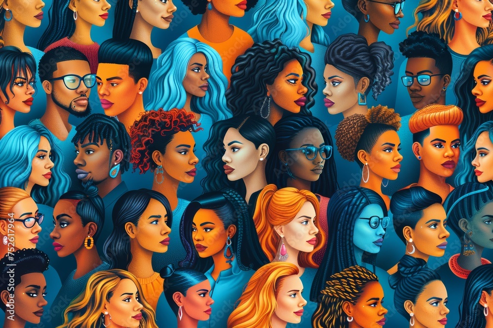 Inclusive society: Multinational and multigenerational faces with diverse skin and hair Inclusive society: Multinational and multigenerational faces with diverse skin and hair