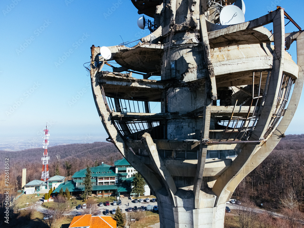 Fototapeta premium The aerial view of the TV tower, bombed by NATO army in 1999, Irishki venac, Frushka tower, Novi Sad, Serbia, Europe.