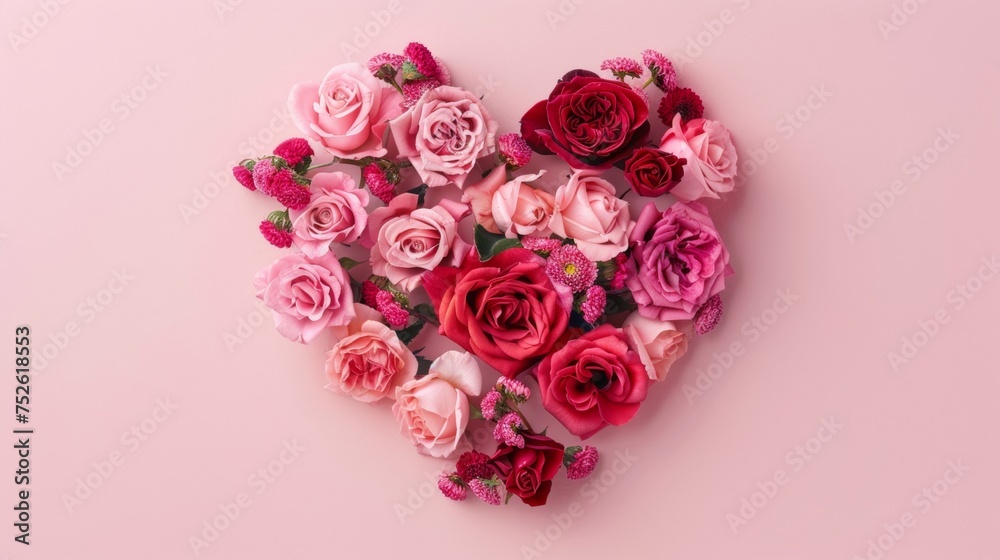 Heart shape made of rose flowers for wedding and birthday celebration pink background