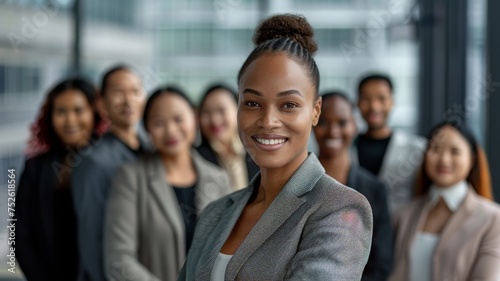 Dynamic Corporate Team Leader with Multicultural Group. Engaging young leader in a professional setting  exuding confidence with her multicultural team in soft focus behind her.