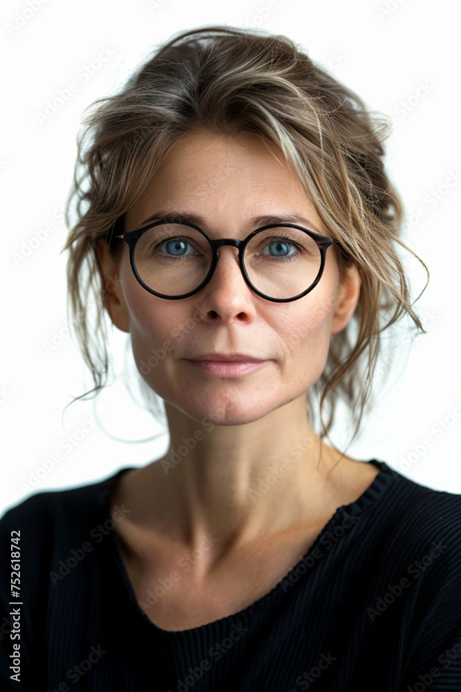 portrait front photo of 40 year old german woman with strong glasses facing camera, studio photography, transparent white background