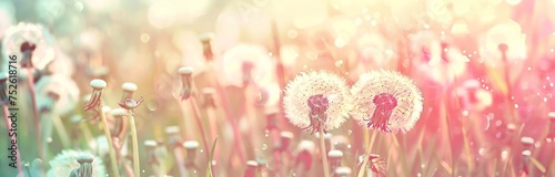 dandelions in a green field with a pink blur Generative AI
