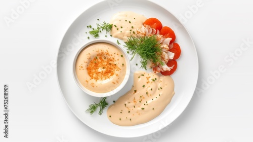 Plate of crab meat cocktail accompanied by cocktail sauce, mustard sauce, and mignonette sauce arranged on a white round plate, displayed against a white background in an aerial view photo