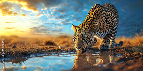 Magnificent leopard in the savannah drinking water photo