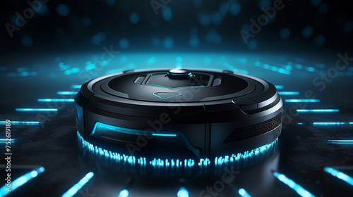 Futuristic neon-lit wireless robot vacuum cleaner with innovative controls removes dust on floor photo