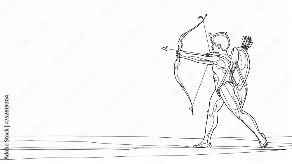 Fototapeta premium Cute Cupid angel with bow and arrow symbolizing love. Line drawing art.