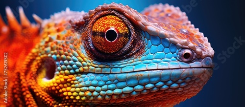 A detailed view of the vibrant and colorful scales and patterns on the face of a lizard up close  showing its unique features and intricate design.