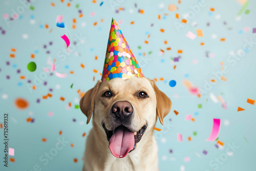 A photograph of a joyful cute Beagle dog wearing a colorful birthday hat, with a tongue out in a happy expression