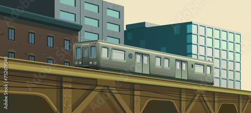 Cityscape with a railway bridge and a subway car. Office buildings and apartment buildings, high-speed elevated transport, transfer. Public transport, metal bridge, architecture. Vector illustration.