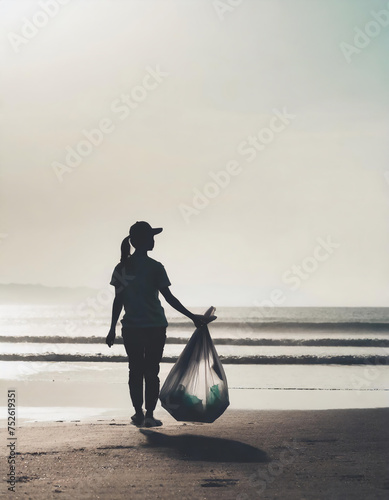 海岸に残されたゴミを拾う女性のシルエット／環境問題・社会問題のコンセプト