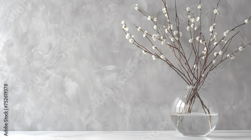 Willow branches in a glass vase. Light gray background