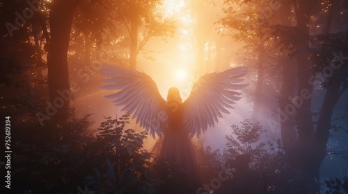 Beautiful angel with wings in misty enchanted forest with sunlight rays.