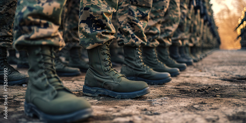 Military boots on the legs of soldiers in a row