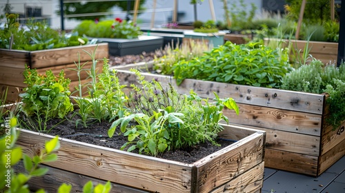 Wooden raided beds in modern garden growing plants herbs spices vegetables. Community, urban rooftop garden. photo