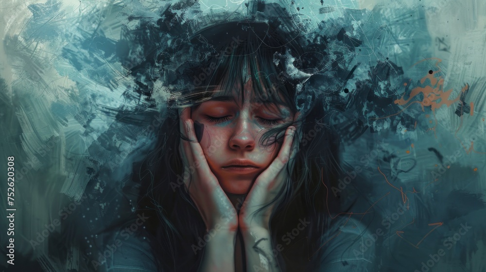 woman with hands on face and eyes closed abstract painting woman with hands on face and eyes closed abstract painting