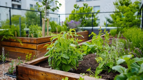 Wooden raided beds in modern garden growing plants herbs spices vegetables. Community, urban rooftop garden.