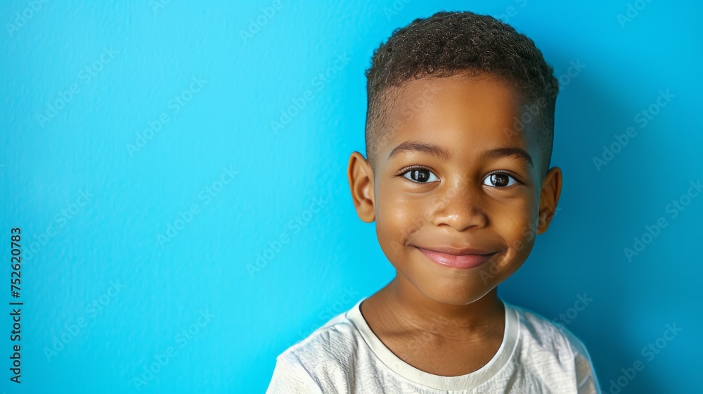 Happy child portrait. Little African American kid boy on blue background - obrazy, fototapety, plakaty 