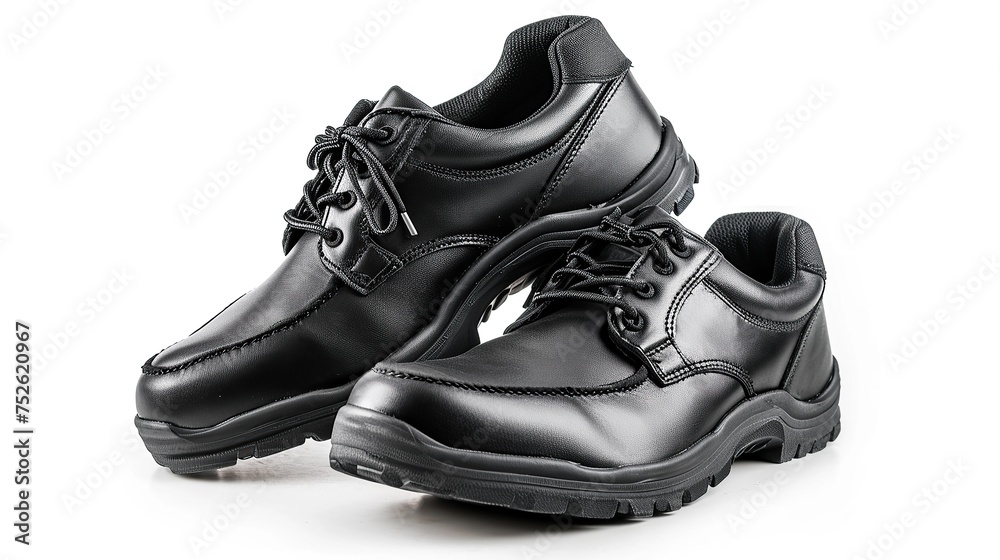 Pair of black safety leather shoes isolated on white background. Work shoes for men in factory or industry to protect foot from accident. Safety footwear. Oil and acid resistant shoes.