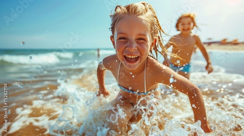 Happy kids having fun playing at sea and sand beach in summer