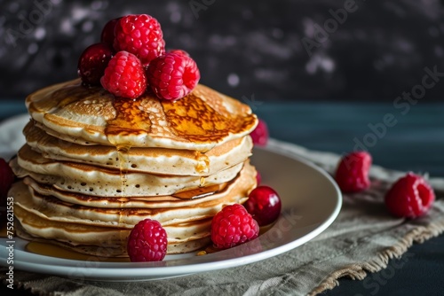 Pancakes with raspberries and maple syrup on a dark background.