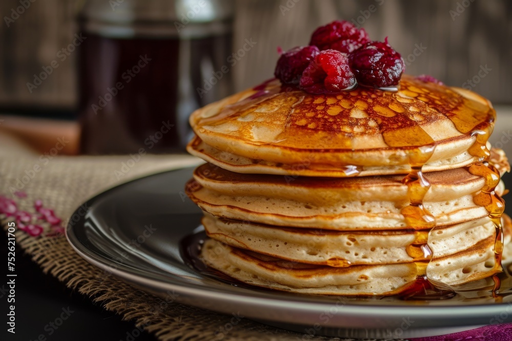 Pancakes with raspberries and maple syrup on a dark background. Pancakes with raspberries and maple syrup on a dark background.