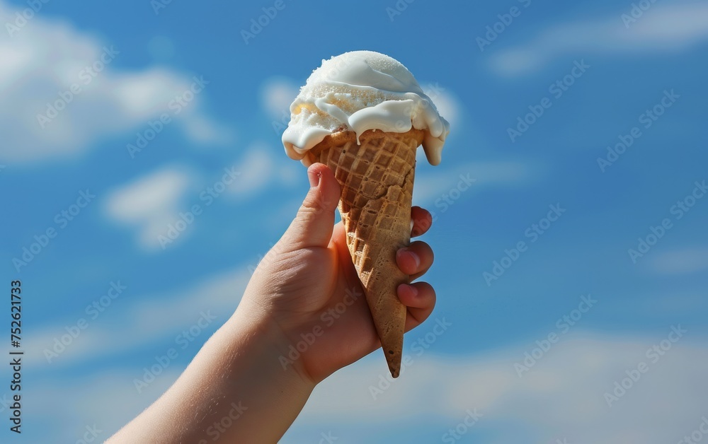 Ice cream cone in child's hand on the background of blue sky