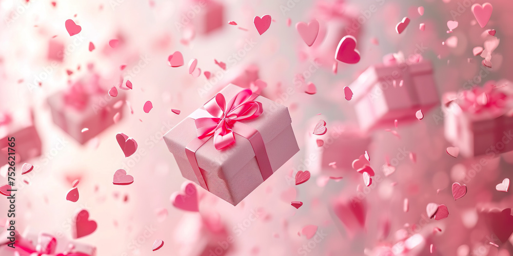 Pink flying gift boxes and hearts Valentines day Pink flying gift boxes and hearts Valentines day