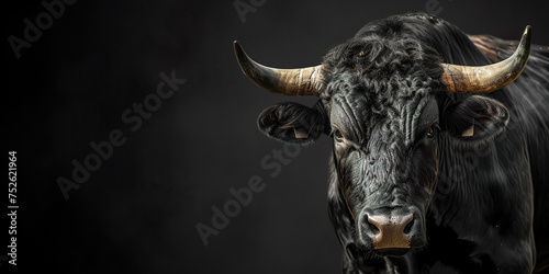 Portrait of black bull on black background photo