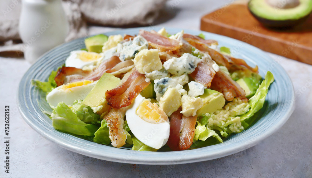 Chicken cobb salad with blue cheese, bacon, eggs and avocado on plate. Chicken cobb salad with blue cheese, bacon, eggs and avocado on plate.