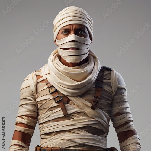 a photograph of mummy costume covered in bandages for a male character with Fortnite style, Halloween costume, white background, full body