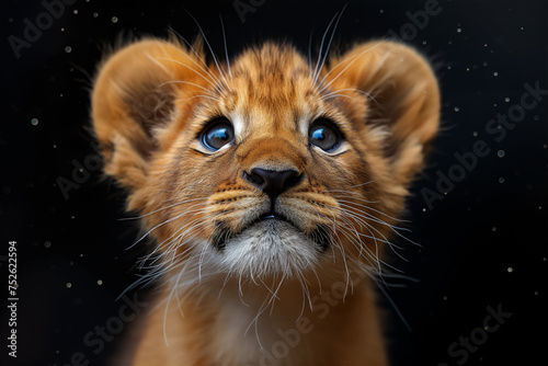 A mesmerizing lion cub looks upwards, its deep blue eyes full of wonder, set against a dark, starry background, evoking a sense of curiosity and awe.