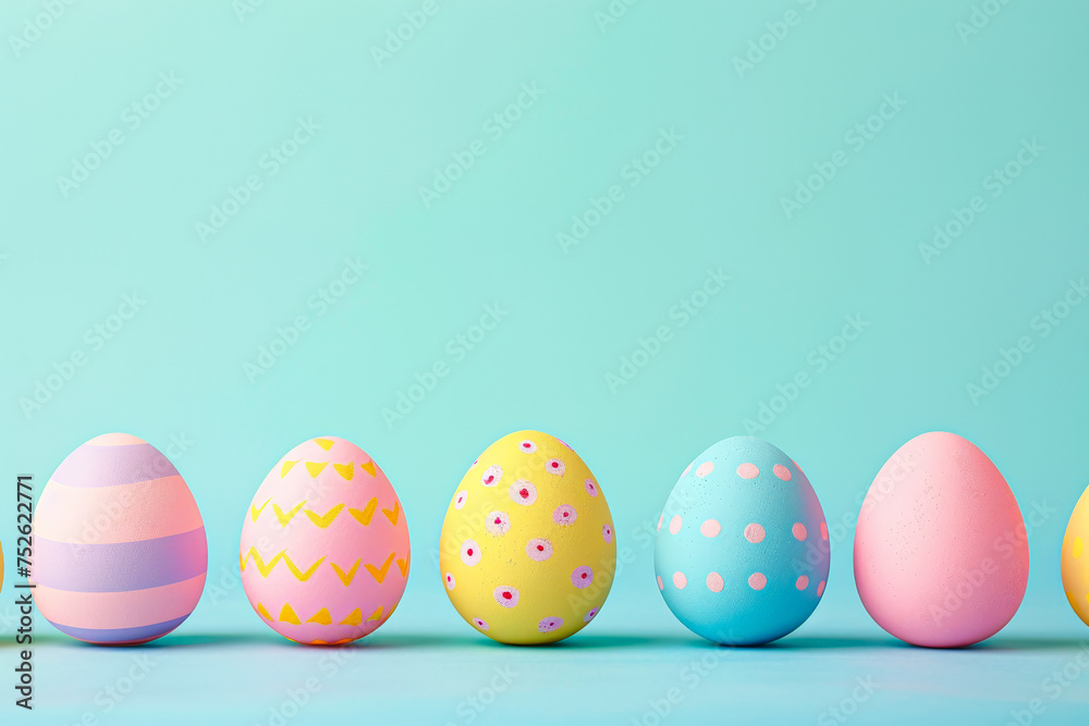 A row of painted eggs with different colors and patterns